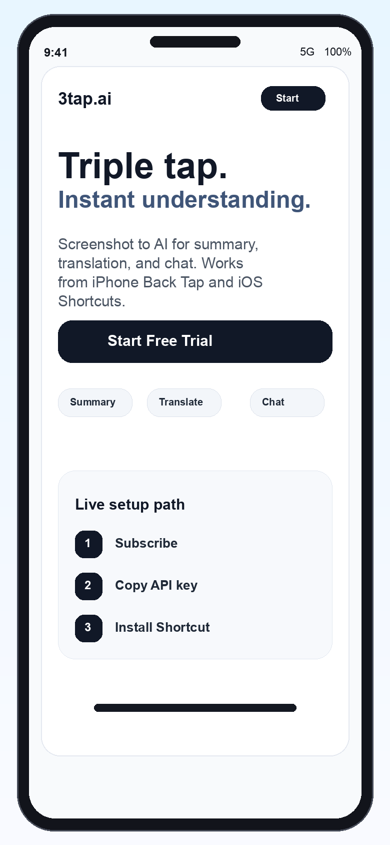 3tap.ai mobile start screen