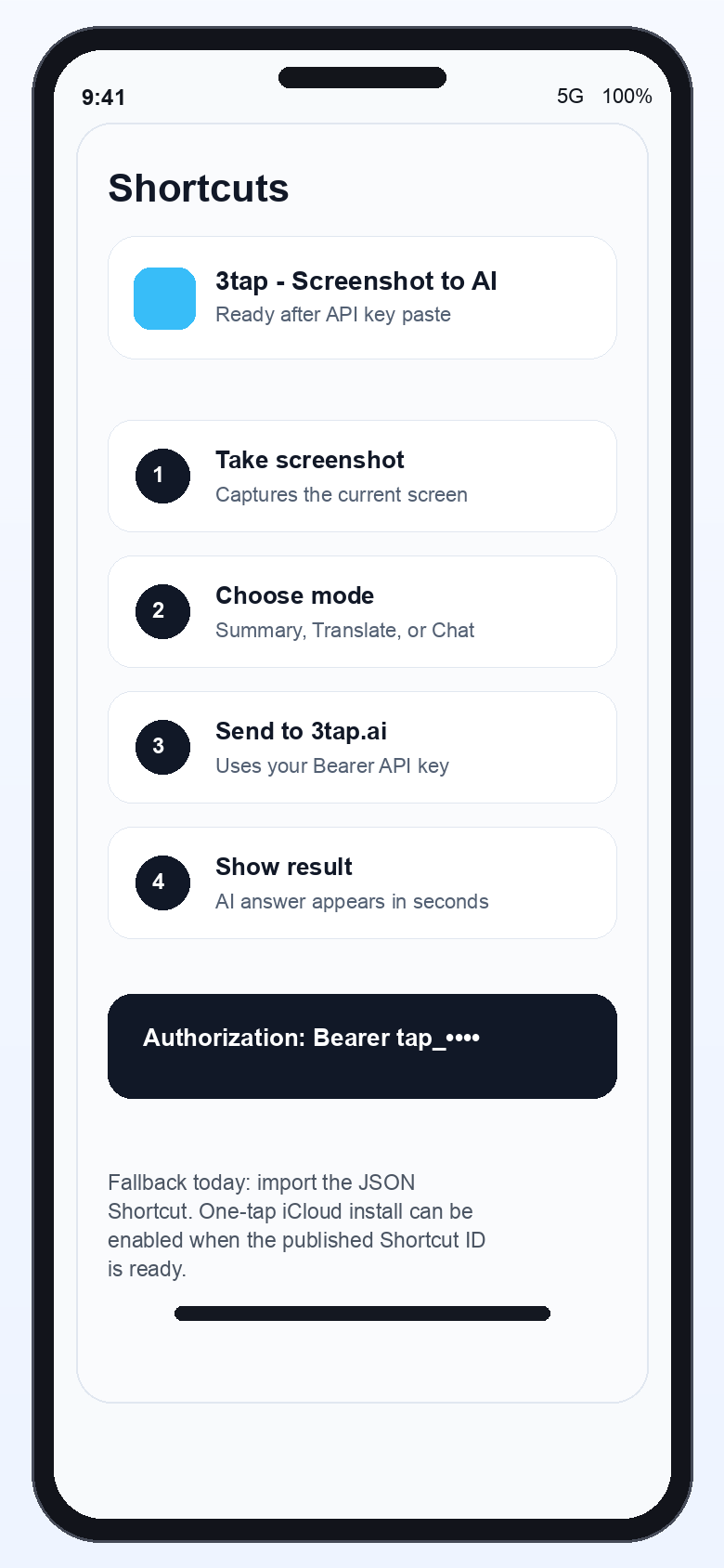 3tap Shortcut setup screen